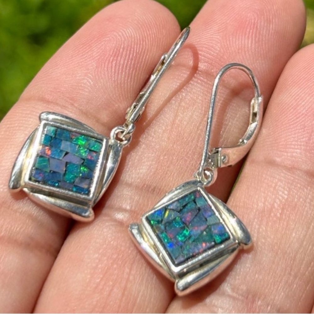 Vintage sterling silver Whitney Kelly Opal Mosaic square drop earrings - Picture 5 of 13